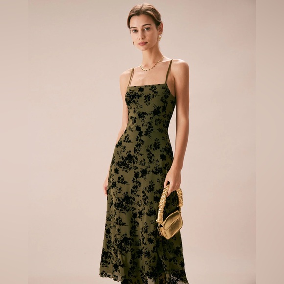 RIHOAS Dresses & Skirts - Rihoas Green Floral Burnout A-Line Slip Midi Dress